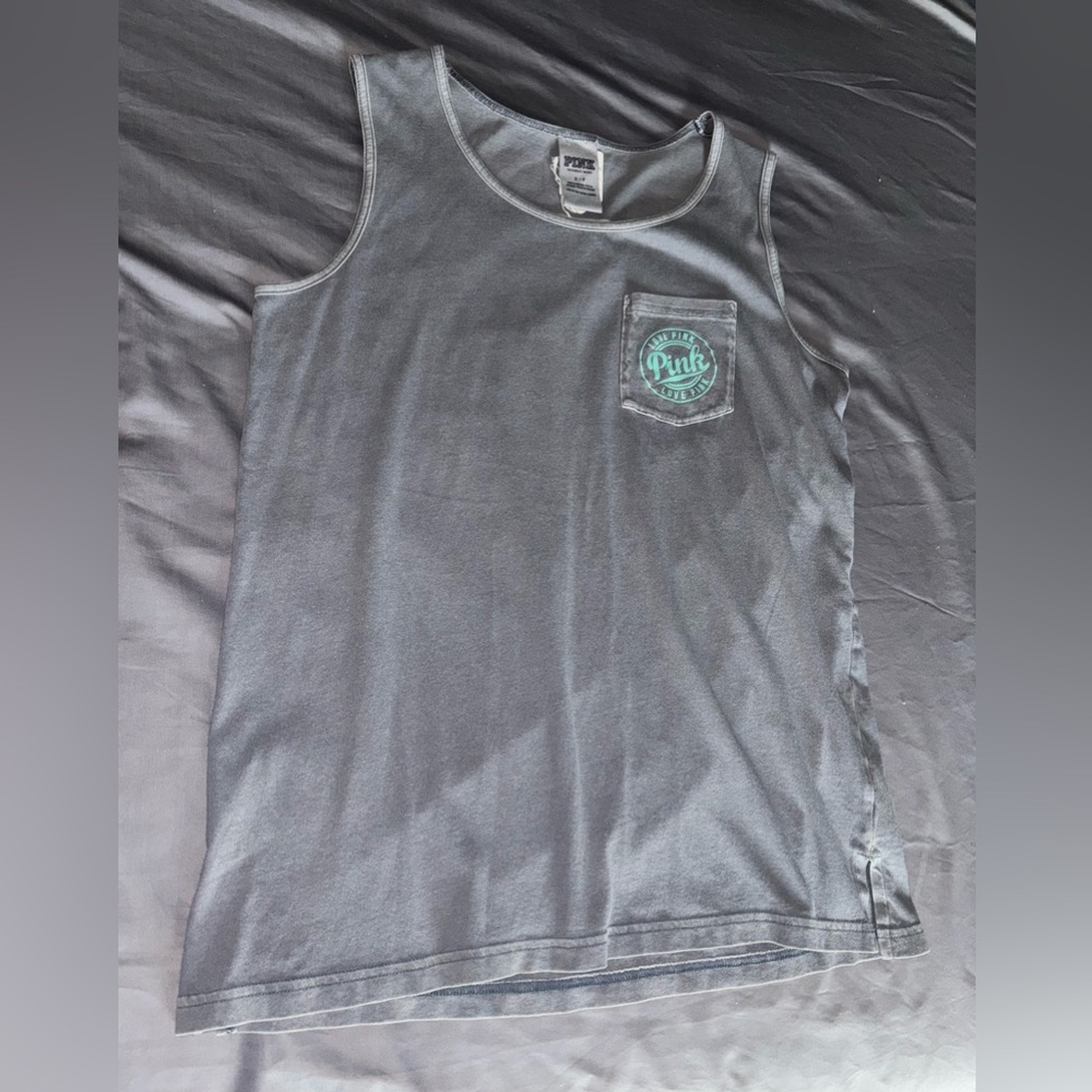 Victoria’s Secret PINK Gray Tank Top/Blue Logo Back Size Small Oversized
